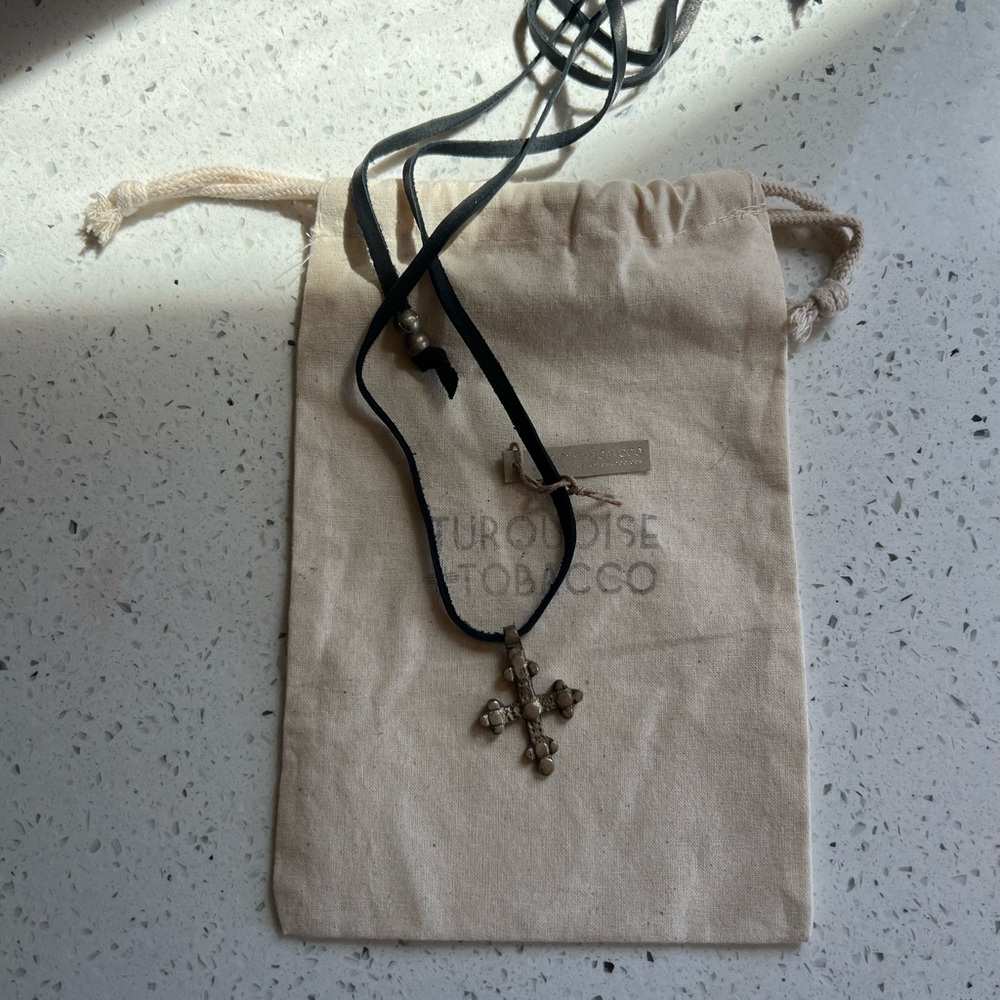 NWT- Turquoise & Tobacco Black Leather Necklace with Antique Bronze Cross